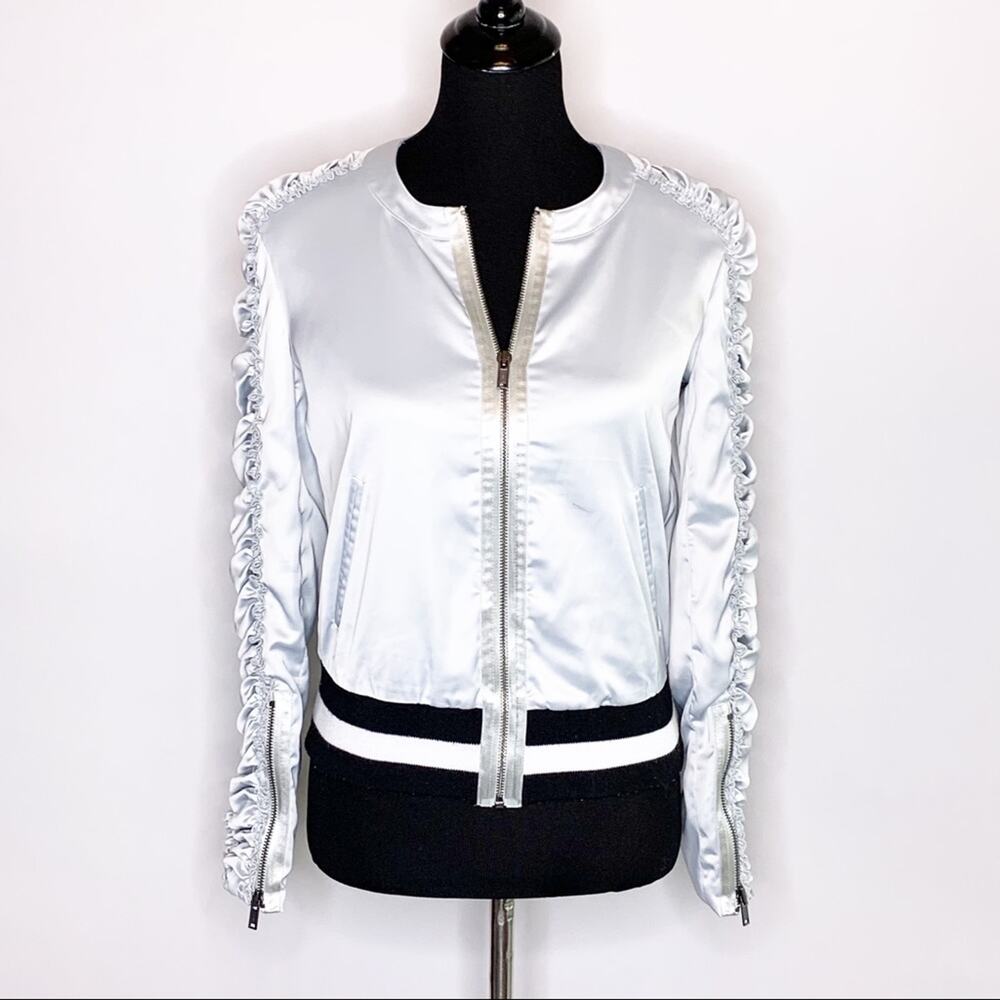 William Rast silver zip front jacket rutched sleeves size Extra Small XS